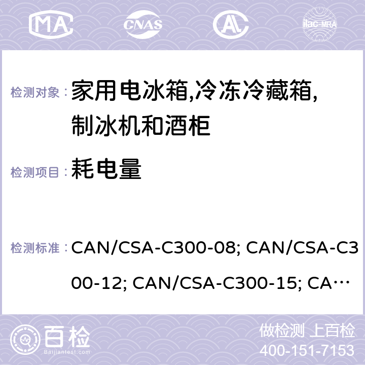 耗电量 CAN/CSA-C 300-08 家用电冰箱,冷冻冷藏箱,制冰机和其他制冷器具的能耗特性和容量 CAN/CSA-C300-08; CAN/CSA-C300-12; CAN/CSA-C300-15; CAN/CSA-C300-18 Cl. 5