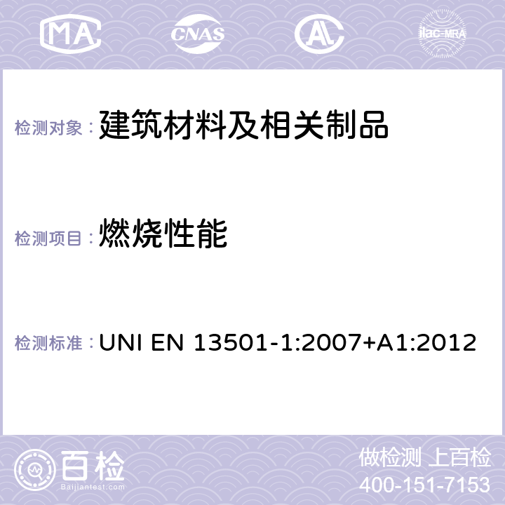 燃烧性能 建筑材料及制品燃烧性能分级 第1部分：利用火反应数据分级 UNI EN 13501-1:2007+A1:2012