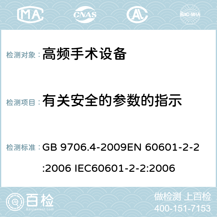 有关安全的参数的指示 GB 9706.4-2009 医用电气设备 第2-2部分:高频手术设备安全专用要求