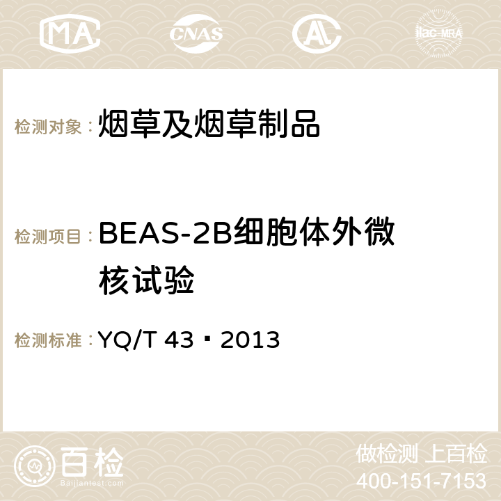 BEAS-2B细胞体外微核试验 YQ/T 43—2013 烟草及烟草制品 烟气安全性生物学评价  