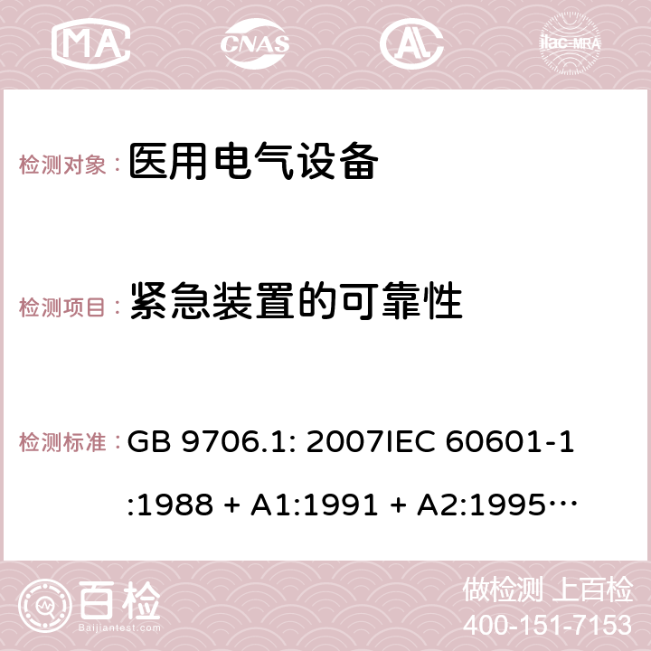 紧急装置的可靠性 医用电气设备 第1部分：安全通用要求 GB 9706.1: 2007
IEC 60601-1:1988 + A1:1991 + A2:1995
EN 60601-1:1990+A1:1993+A2:1995 22.7