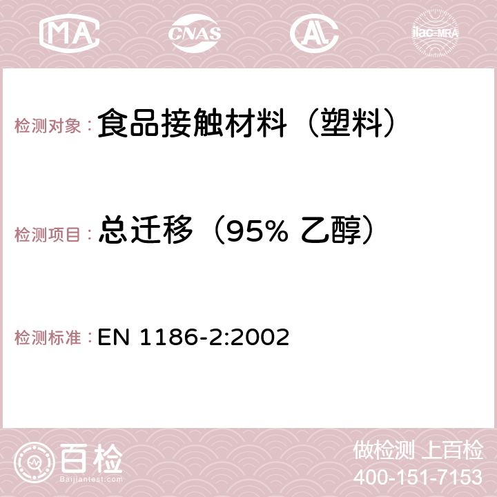 总迁移（95% 乙醇） EN 1186-2:2002 接触食品的材料和制品 塑料 第2部分:全迁移到橄榄油中的全浸没试验方法 