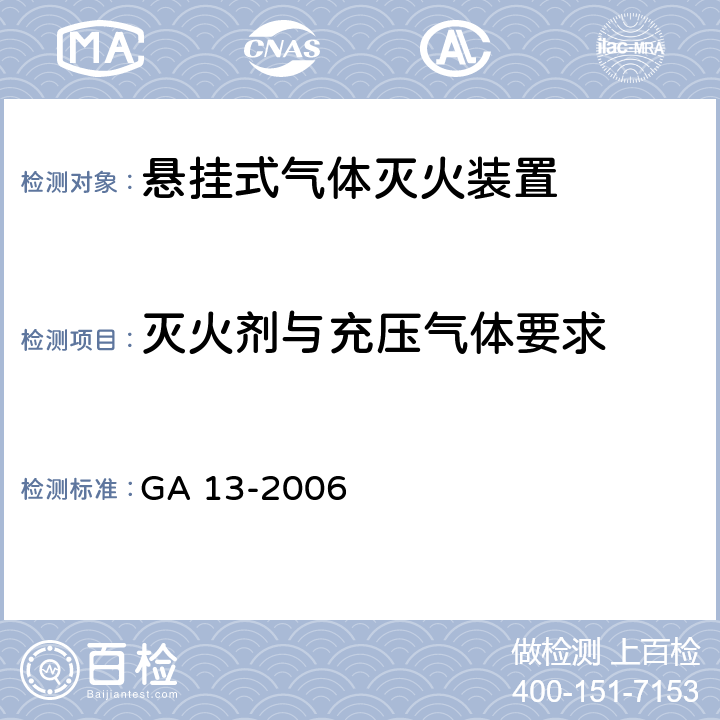 灭火剂与充压气体要求 《悬挂式气体灭火装置》 GA 13-2006 6.2