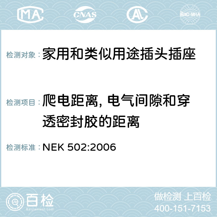 爬電距離, 電氣間隙和穿透密封膠的距離 家用和類似用途插頭插座 對用在挪威的插頭插座與NEK IEC 60884-1補充和差異要求 NEK 502:2006 27