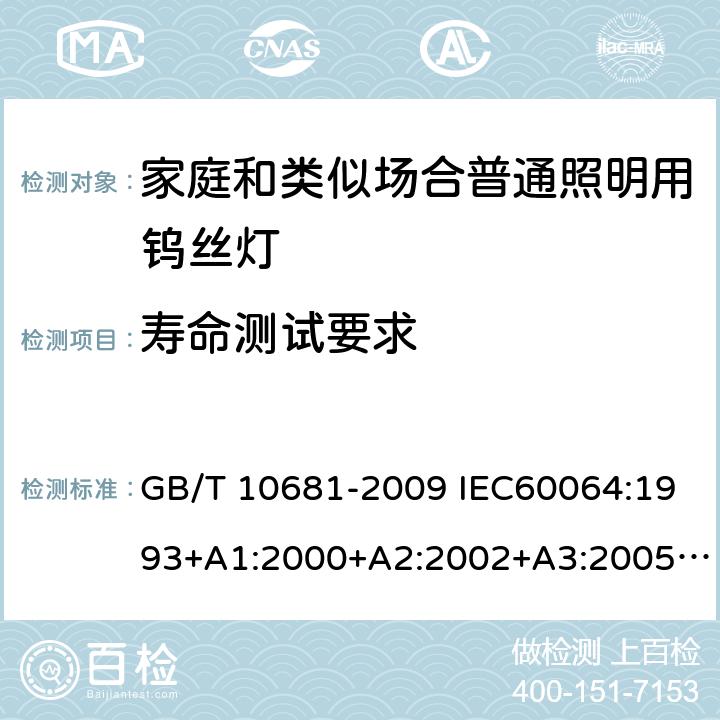 寿命测试要求 家庭和类似场合普通照明用钨丝灯 性能要求 GB/T 10681-2009 IEC60064:1993+A1:2000+A2:2002+A3:2005+A4:2007+A5:2009 4.2.6