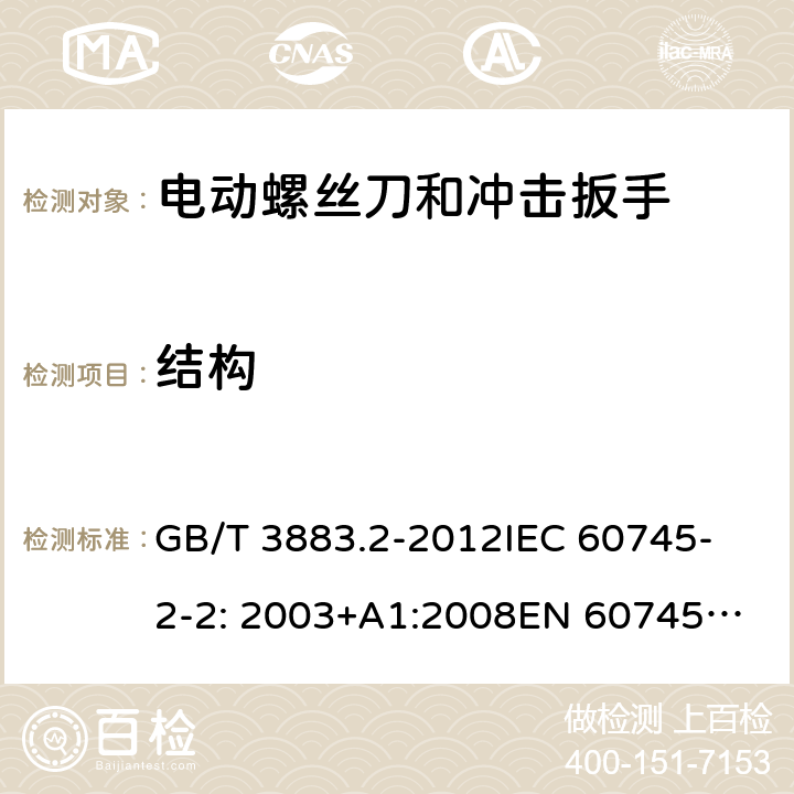 结构 手持式电动工具的安全 第2部分： 螺丝刀和冲击扳手的专用要求 GB/T 3883.2-2012
IEC 60745-2-2: 2003+A1:2008
EN 60745-2-2:2010 21