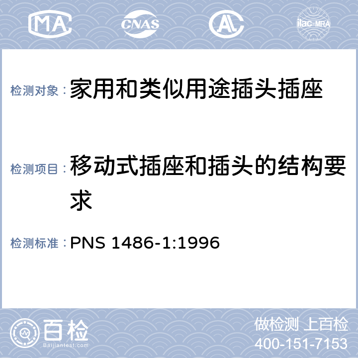 移动式插座和插头的结构要求 家用和类似用途插头插座 第1部分：通用要求 PNS 1486-1:1996 14