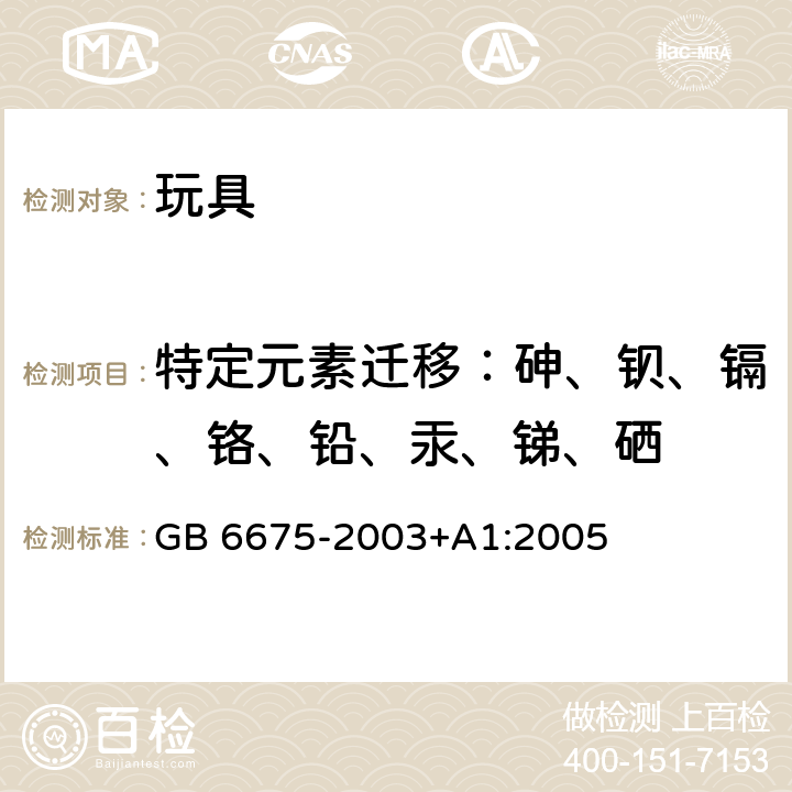 特定元素迁移：砷、钡、镉、铬、铅、汞、锑、硒 国家玩具安全技术规范 GB 6675-2003+A1:2005 条款4.3和附录C