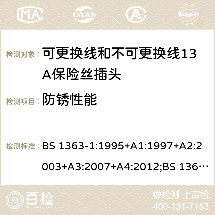 防锈性能 转换器及连接装置-第1部分：可更换线和不可更换线13A保险丝插头的要求 BS 1363-1:1995+A1:1997+A2:2003+A3:2007+A4:2012;BS 1363-1:2016;GSO BS 1363-1:2009;SS 145-1:2010;MS 589-1:2011;CS 0052-1:2006 cl.24