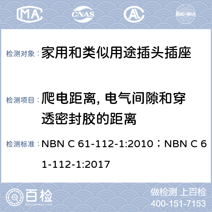 爬電距離, 電氣間隙和穿透密封膠的距離 家用和類似用途插頭插座 第1部分: 通用要求 NBN C 61-112-1:2010；NBN C 61-112-1:2017 27
