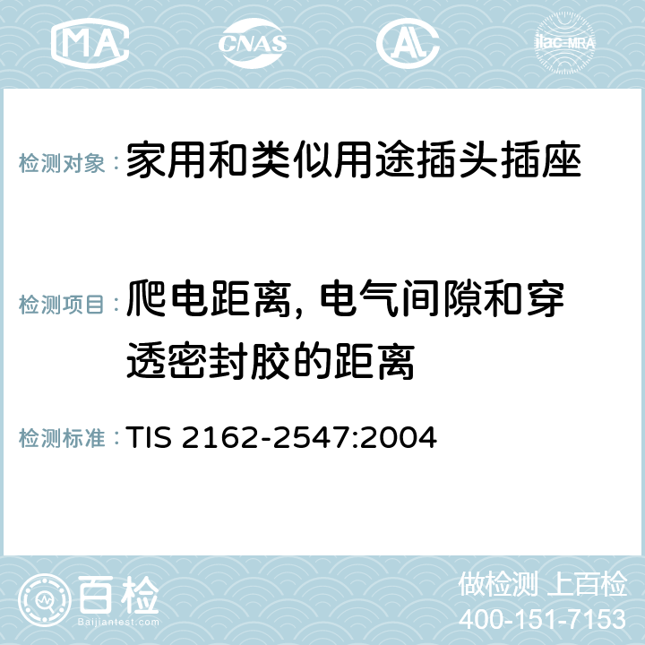 爬電距離, 電氣間隙和穿透密封膠的距離 家用和類似用途插頭插座 第1部分：通用要求 TIS 2162-2547:2004 27