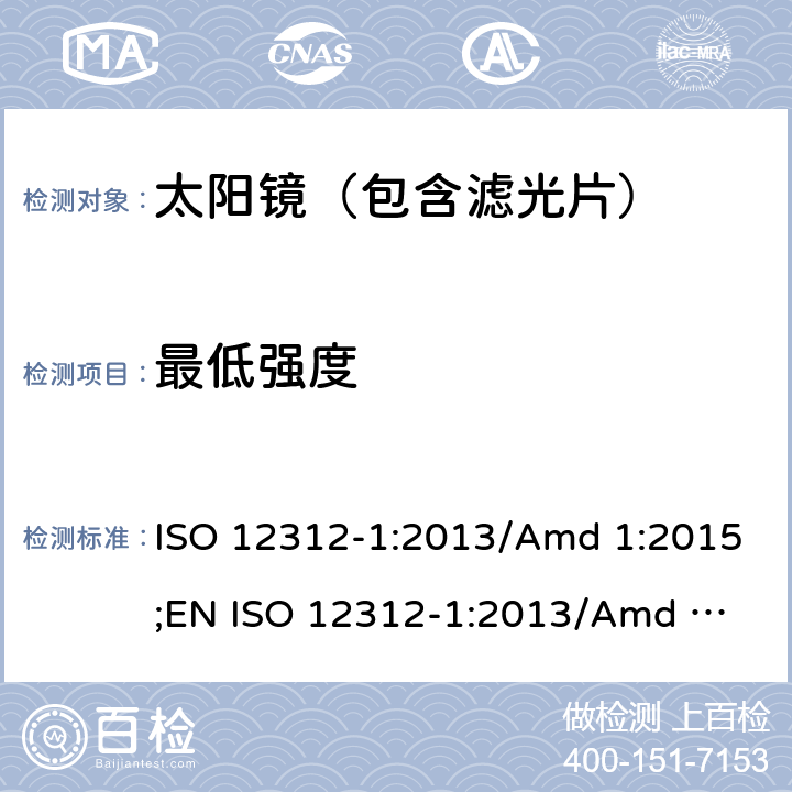 最低强度 ISO 12312-1:2013 眼面部防护-太阳镜及相关护目镜-第1部分：通用太阳镜 /Amd 1:2015;
EN /Amd 1:2015 7.1