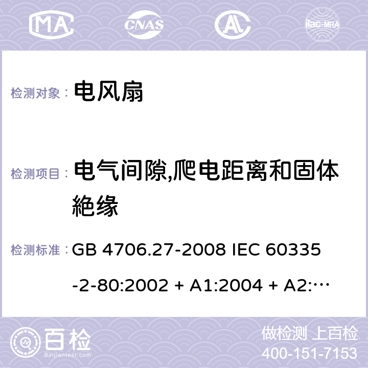 电气间隙,爬电距离和固体絶缘 家用和类似用途电器的安全 – 第二部分:特殊要求 – 电风扇 GB 4706.27-2008 

IEC 60335-2-80:2002 + A1:2004 + A2:2008 

IEC60335-2-80:2015

EN 60335-2-80:2003 + A1:2004 + A2: 2009 Cl. 29