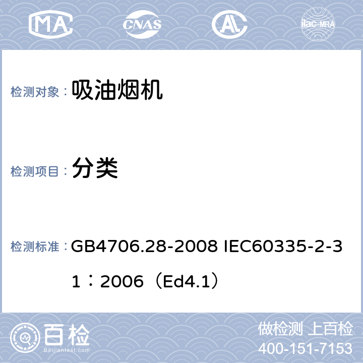 分类 家用和类似用途电器的安全 吸油烟机的特殊要求 GB4706.28-2008 IEC60335-2-31：2006（Ed4.1） 6