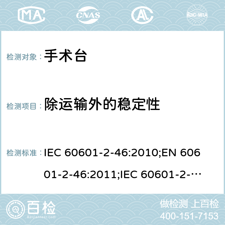 除运输外的稳定性 IEC 60601-2-46 医用电气设备 第2-46部分：手术台基本安全和基本性能专用要求 :2010;
EN 60601-2-46:2011;
:2016 201.9.4.2.2
