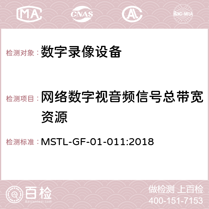 网络数字视音频信号总带宽资源 上海市第一批智能安全技术防范系统产品检测技术要求（试行） MSTL-GF-01-011:2018 附件13.4