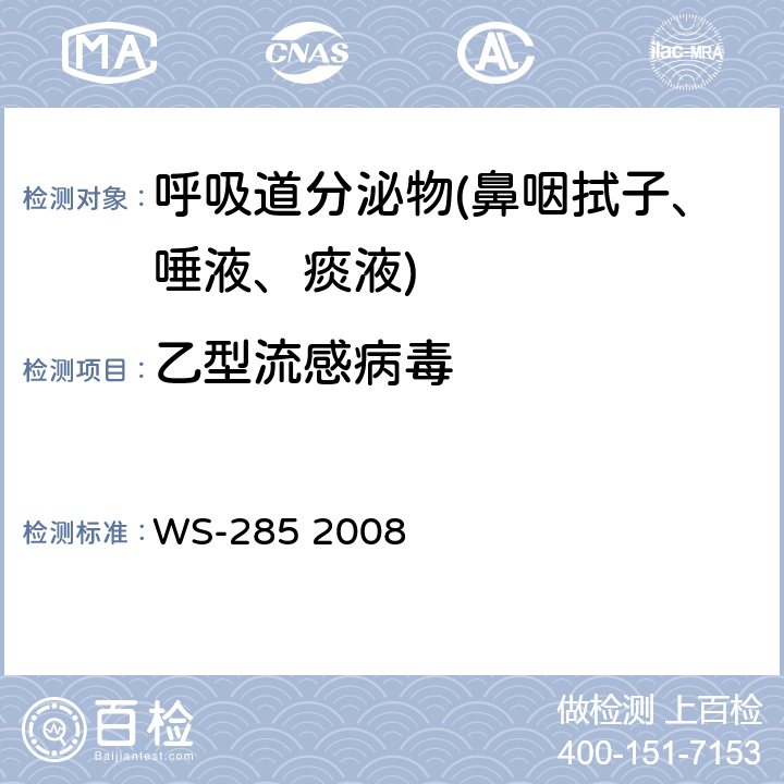 乙型流感病毒 流行性感冒诊断标准 WS-285 2008 附件D.2
