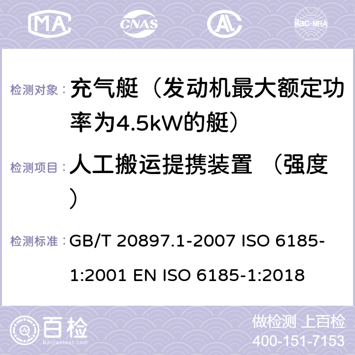 人工搬运提携装置 （强度） 充气船 第1部分：最大电机额定功率为4.5 kW的船舶 GB/T 20897.1-2007 ISO 6185-1:2001 EN ISO 6185-1:2018 5.3