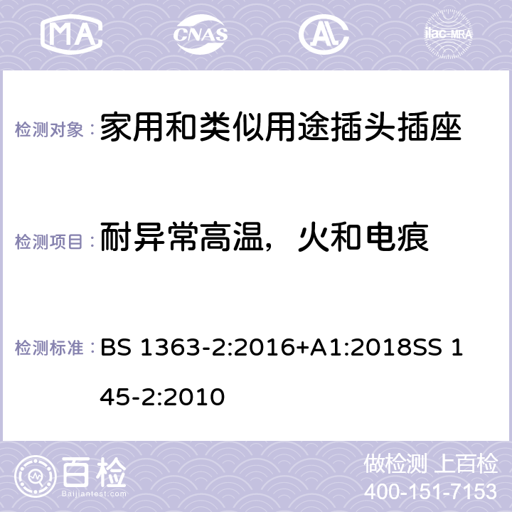 耐异常高温，火和电痕 13A插头、插座、转换器及连接装置-13A带开关和不带开关插座的特殊要求 BS 1363-2:2016+A1:2018
SS 145-2:2010 23