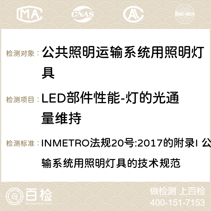 LED部件性能-灯的光通量维持 INMETRO法规20号:2017的附录I 公共照明运输系统用照明灯具的技术规范 INMETRO法规20号:2017的附录I 公共照明运输系统用照明灯具的技术规范 附录I-B B.6.2.1 (选项 1)