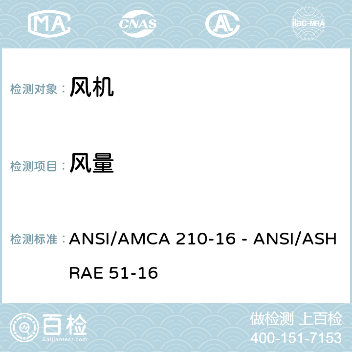 风量 实验室法对风机气动性能等级认证 ANSI/AMCA 210-16 - ANSI/ASHRAE 51-16 4.3