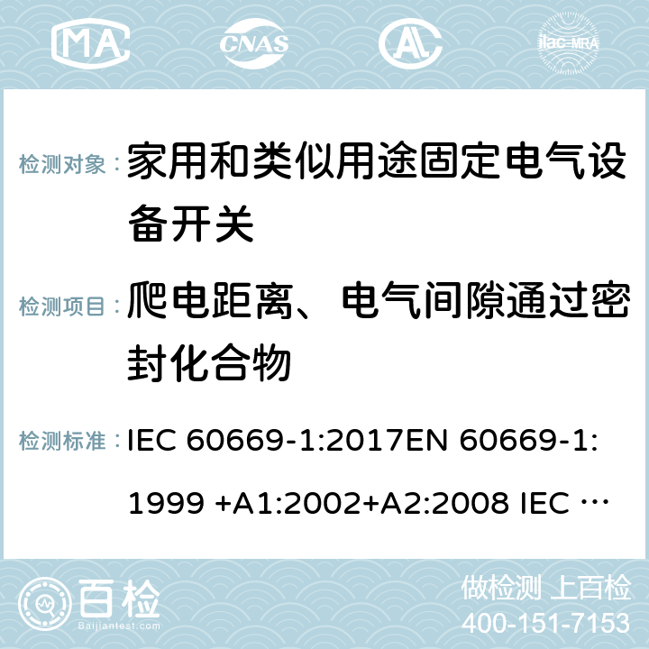 爬電距離、電氣間隙通過密封化合物 家用和類似用途固定電氣設備開關 第1部分:總要求 IEC 60669-1:2017EN 60669-1:1999 +A1:2002+A2:2008 IEC 60669-1:1998+AMD1:1999+AMD2:2006EN 60669-1:2018 23