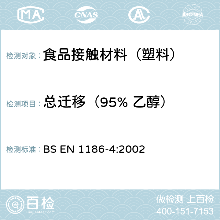 总迁移（95% 乙醇） 接触食品的材料和制品 塑料 第4部分：全迁移到橄榄油中的电解槽试验方法 BS EN 1186-4:2002