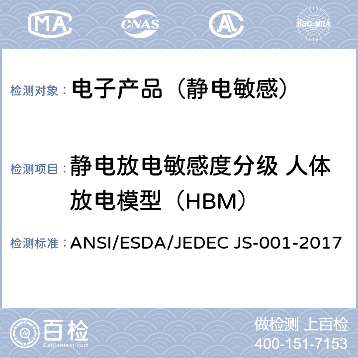 静电放电敏感度分级 人体放电模型（HBM） ESD委员会标准测试方法：元器件级静电放电敏感度测试—人体模型 ANSI/ESDA/JEDEC JS-001-2017