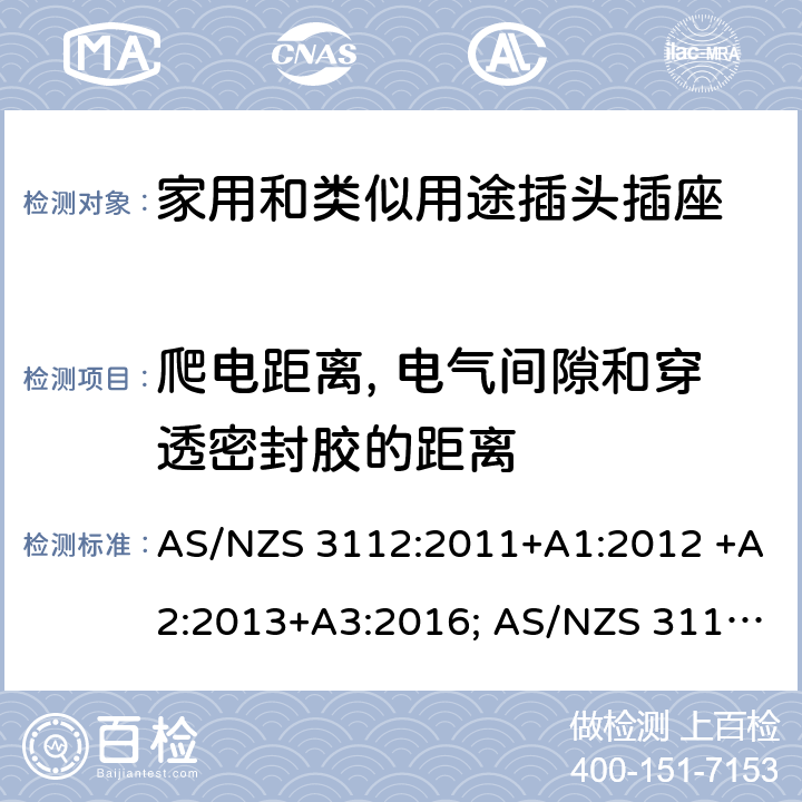爬電距離, 電氣間隙和穿透密封膠的距離 插頭和插座認(rèn)可和測試規(guī)范 AS/NZS 3112:2011+A1:2012 +A2:2013+A3:2016; AS/NZS 3112:2017 2, 3
