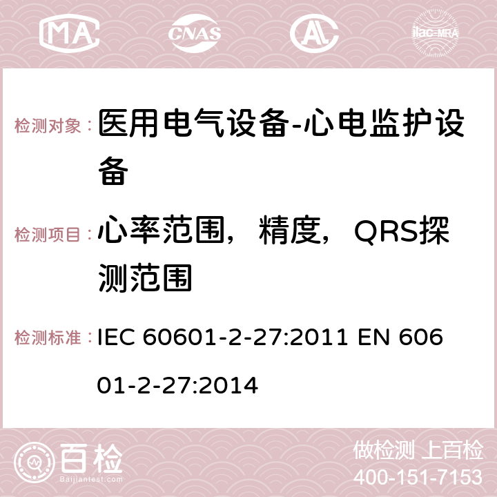 心率范围，精度，QRS探测范围 医用电气设备-心电监护设备 IEC 60601-2-27:2011 
EN 60601-2-27:2014 cl.201.12.1.101.15