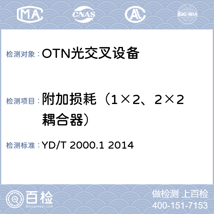 附加损耗（1×2、2×2耦合器） 平面光波导集成光路器件第1部分：基于平面光波导(PLC)的光功率分路器 YD/T 2000.1 2014 6.4, 5.1