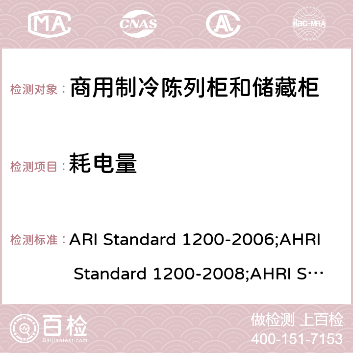 耗电量 商用制冷陈列柜和储藏柜的性能额定值 ARI Standard 1200-2006;AHRI Standard 1200-2008;AHRI Standard 1200(I-P)-2010;AHRI Standard 1200(I-P)-2013;AHRI Standard 1201(SI)-2013 Cl. 4