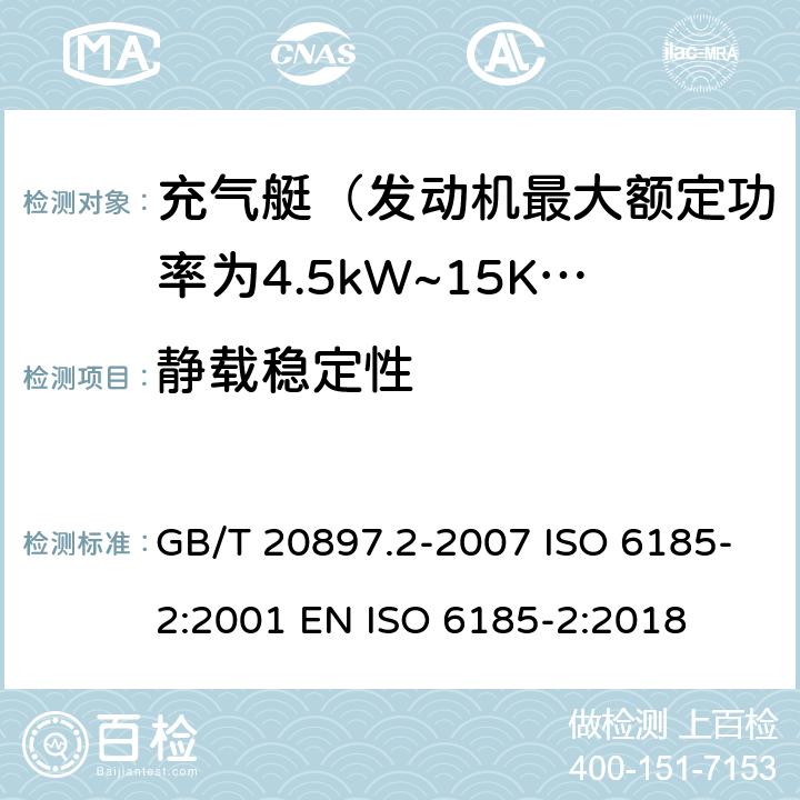 静载稳定性 充气船 第2部分：最大电机额定功率为4.5 kW 至 15 kW的船舶 GB/T 20897.2-2007 ISO 6185-2:2001 EN ISO 6185-2:2018 6.3