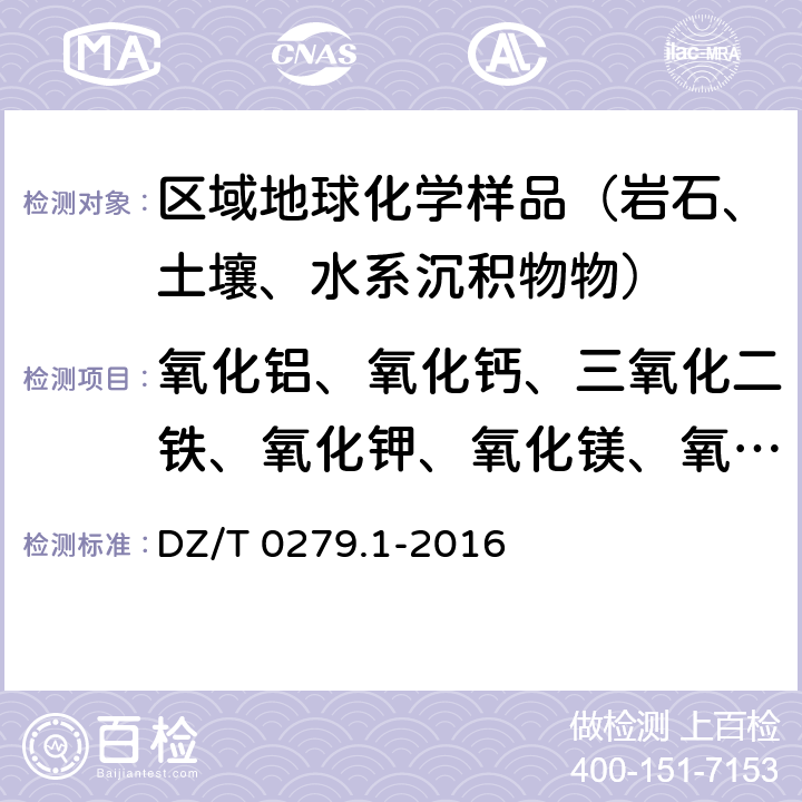 氧化铝、氧化钙、三氧化二铁、氧化钾、氧化镁、氧化钠、二氧化硅、铈、铬、镓、镧、锰、铌、磷、铅、铷、钪、锶、钍、钛、钒、钇、锌、锆 区域地球化学样品分析方法 第1部分：三氧化二铝等24个成分量测定 粉末压片-X射线荧光光谱法 DZ/T 0279.1-2016