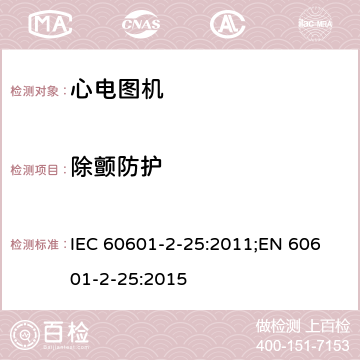 除颤防护 医用电气设备 第2-25部分：心电图机安全专用要求 IEC 60601-2-25:2011;
EN 60601-2-25:2015 201.8.5.5.1