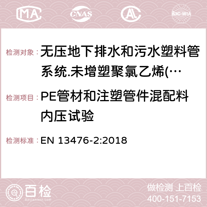 PE管材和注塑管件混配料内压试验 无压地下排水和污水塑料管系统.未增塑聚氯乙烯(PVC-U)、聚丙烯(PP)和聚乙烯(PE)结构壁管系统.第二部分：A型、光滑内外壁管材管件系统规范 EN 13476-2:2018 4.4.2