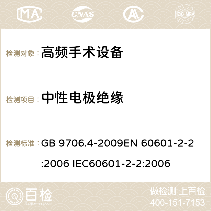 中性电极绝缘 医用电气设备 第2-2部分：高频手术设备安全专用要求 GB 9706.4-2009
EN 60601-2-2:2006 IEC60601-2-2:2006 59.104.4