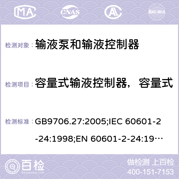 容量式输液控制器，容量式输液泵和注射泵准确性试验 医用电气设备 第2-24部分：输液泵和输液控制器安全专用要求 GB9706.27:2005;
IEC 60601-2-24:1998;
EN 60601-2-24:1998 50.102