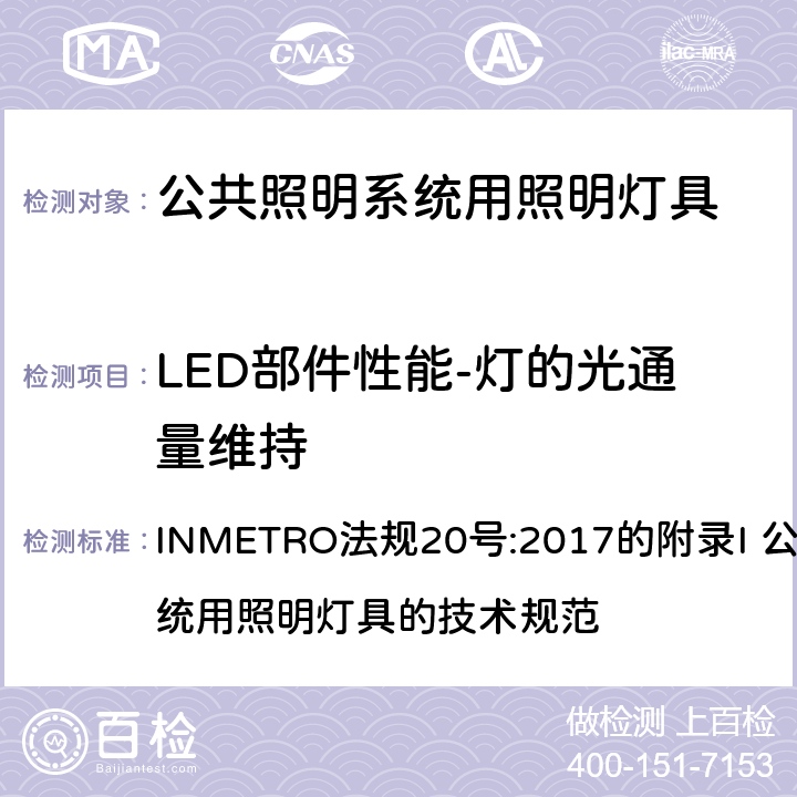 LED部件性能-灯的光通量维持 INMETRO法规20号:2017的附录I 公共照明系统用照明灯具的技术规范 INMETRO法规20号:2017的附录I 公共照明系统用照明灯具的技术规范 附录I-B B.6.2.1 (Option 1)