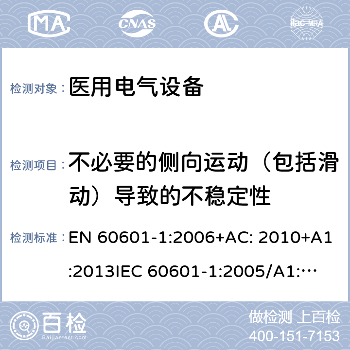 不必要的侧向运动（包括滑动）导致的不稳定性 EN 60601-1:2006 医用电气设备第1部分: 基本安全和基本性能的通用要求 +AC: 2010+A1:2013
IEC 60601-1:2005/A1:2012 
IEC 60601‑1: 2005 + CORR. 1 (2006) + CORR. 2 (2007) 
 9.4.3