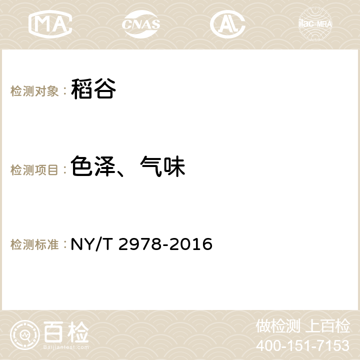色泽、气味 绿色食品 稻谷 NY/T 2978-2016 3.3（GB/T 5492-2008）