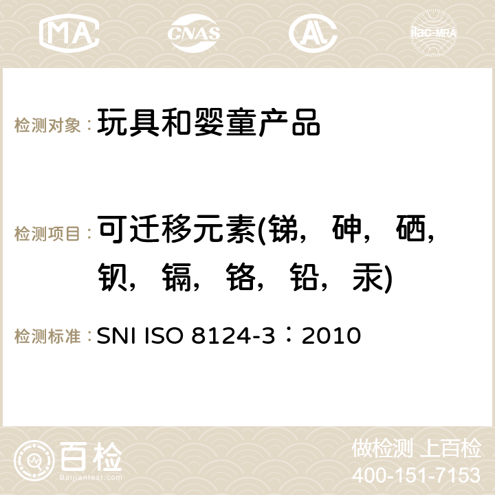 可迁移元素(锑，砷，硒，钡，镉，铬，铅，汞) 印度尼西亚玩具安全条例 55/M/IND/PER/11/2013印度尼西亚标准：特定元素的迁移 SNI ISO 8124-3：2010