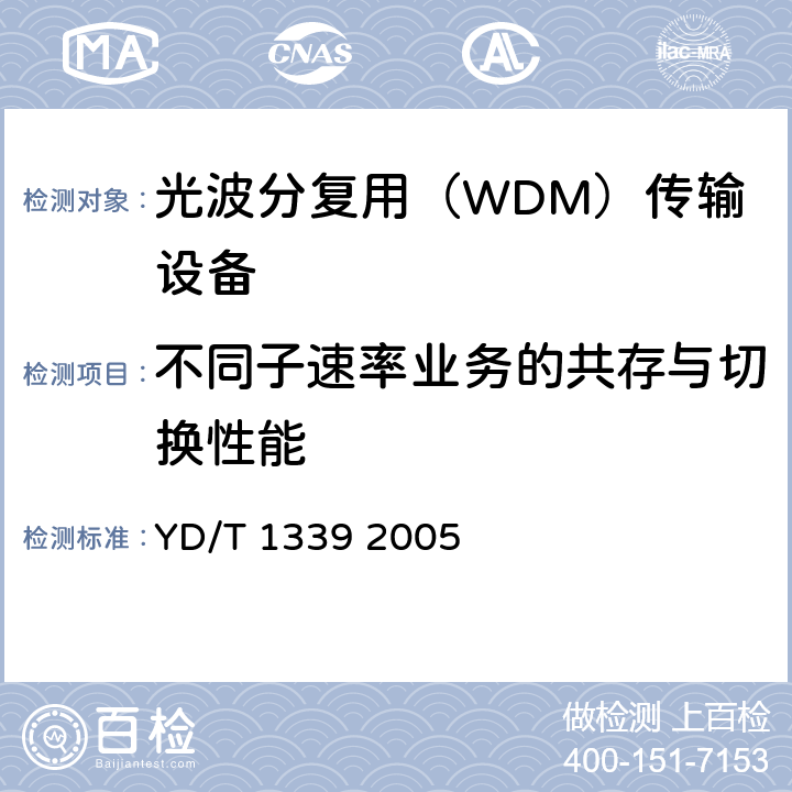 不同子速率业务的共存与切换性能 YD/T 1339-2005 城市光传送网波分复用(WDM)环网测试方法