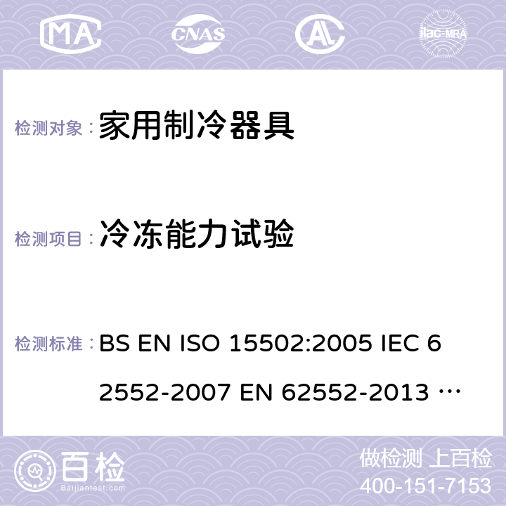 冷冻能力试验 家用制冷器具性能和试验方法 BS EN ISO 15502:2005 
IEC 62552-2007 
EN 62552-2013 
UAE.S IEC 62552:2013 
SANS 62552:2008+A1:2010+A2:2015 
UNIT IEC 62552:2007 
GS IEC 62552:2007 
PNS IEC 62552:2012 
SASO IEC 62552:2007 17