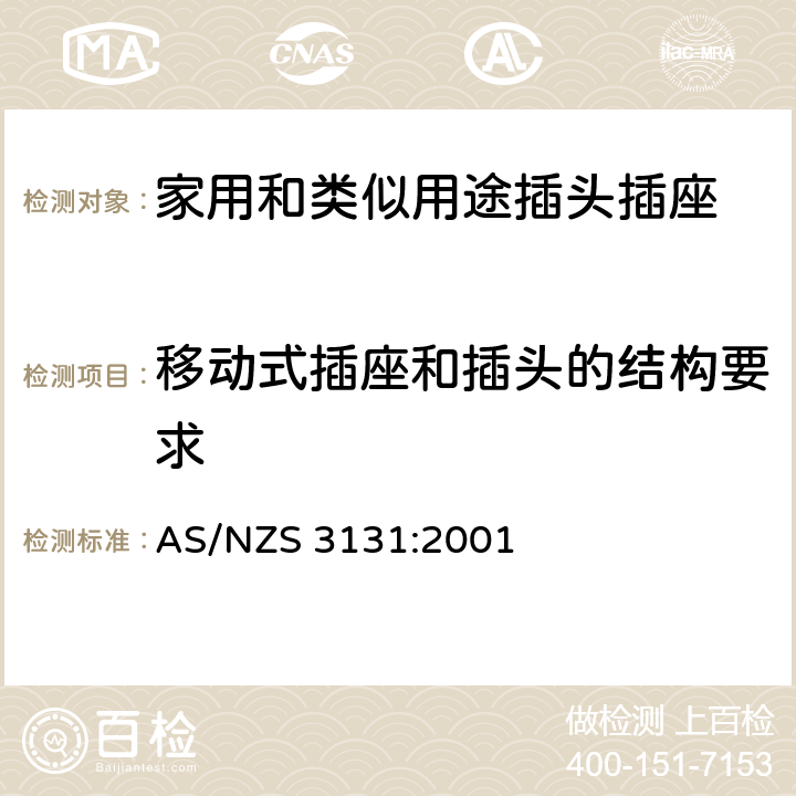 移动式插座和插头的结构要求 固定器具中的插头和插座 AS/NZS 3131:2001 2, 3