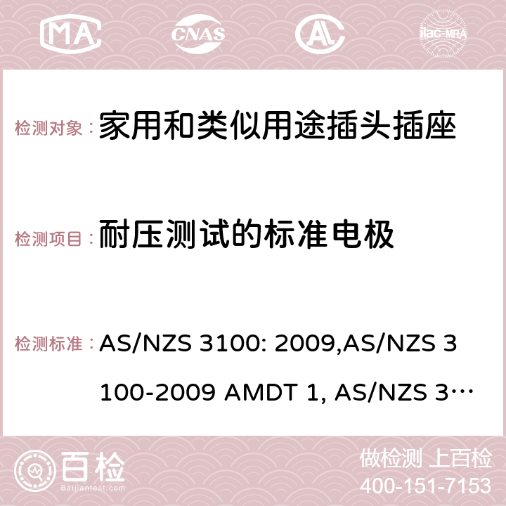 耐压测试的标准电极 认可和试验规范——电气产品通用要求 AS/NZS 3100: 2009,
AS/NZS 3100-2009 AMDT 1, 
AS/NZS 3100-2009 AMDT 2, 
AS/NZS 3100-2009 AMDT 3, 
AS/NZS 3100:2009 Amd 4:2015, 
AS/NZS 3100:2017, 
AS/NZS 3100:2017 Amd 1:2017 cl.8.9