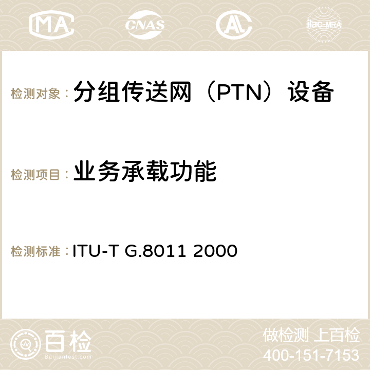 业务承载功能 传送网承载以太网－以太网业务框架 ITU-T G.8011 2000 1