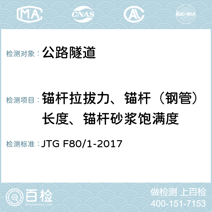 锚杆拉拔力、锚杆（钢管）长度、锚杆砂浆饱满度 《公路工程质量检验评定标准 第一册 土建工程》 JTG F80/1-2017 （10.8）