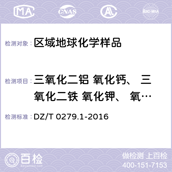 三氧化二铝 氧化钙、 三氧化二铁 氧化钾、 氧化镁、 氧化钠、 二氧化硅、      铈、铬、 镓、镧、 锰、铌、 磷、铅、 铷、钪、锶、钍、 钛、钒、 钇、锌、 锆 区域地球化学样品分析方法第 1 部分：三氧化二铝等 24 个成分量的测定 粉末压片—波长色散 X 射线荧光光谱法 DZ/T 0279.1-2016