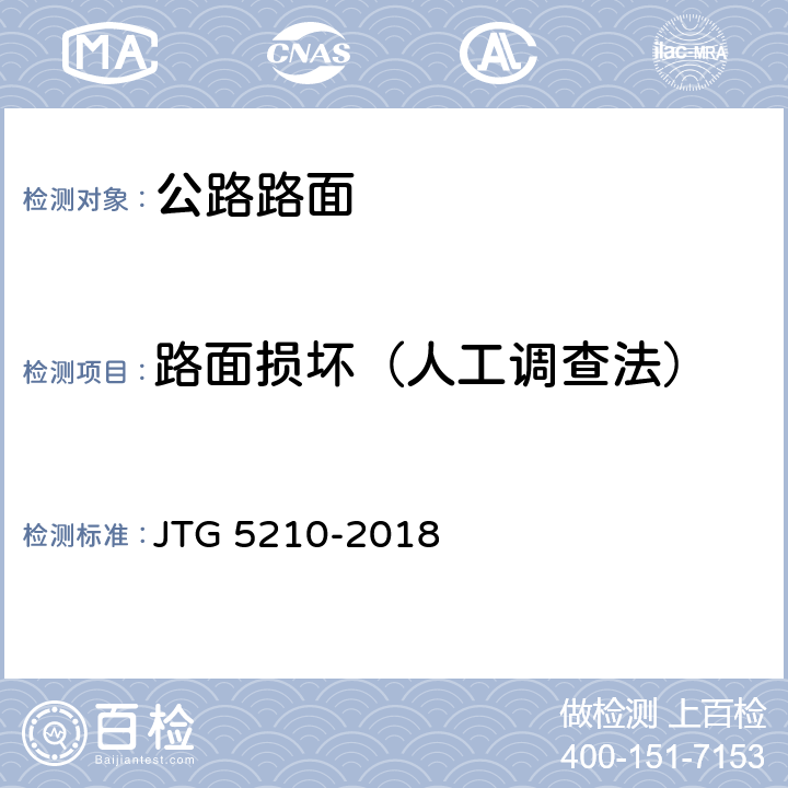 路面损坏（人工调查法） 《公路技术状况平定标准》 JTG 5210-2018 （6.4）